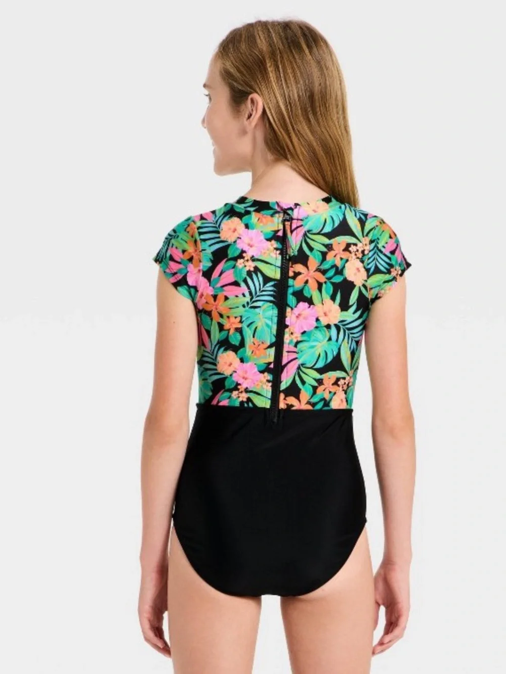 Cat & Jack Girls' Short Sleeve Sunset Tropics One Piece Swimsuit - Black